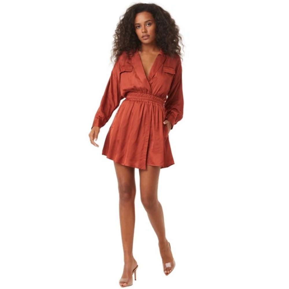 MISA Los Angeles Danielle Dress Rust Satin Smocked Long Sleeve V-Neck Size S NWT